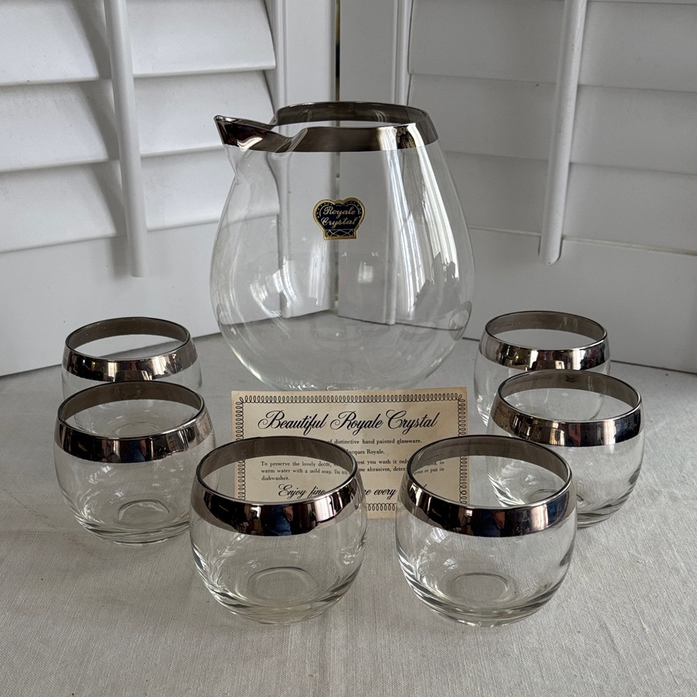 Vintage MCM Royals Crystal Silver Trimmed Brandy Set 7 Pieces